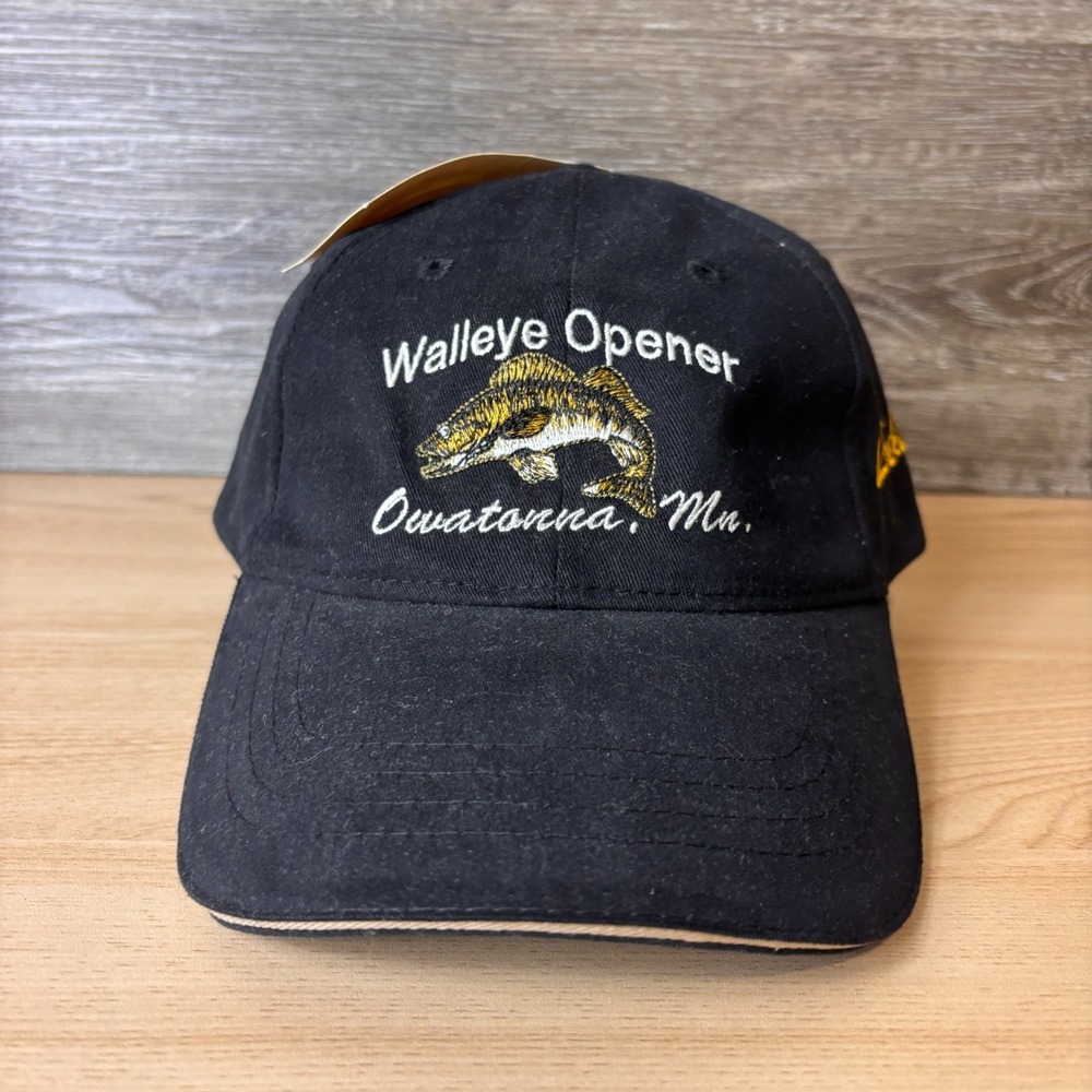 Walleye Opener Hat Strap Back Black Embroidered Owatonna Minnesota Cabelas NWT